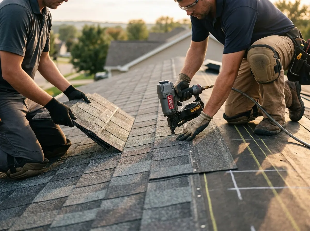 Professional roofer working on a residential roof in St. Louis